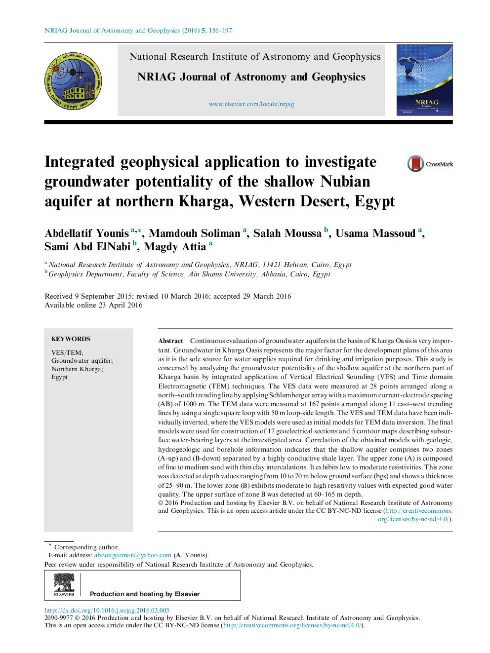 Integrated geophysical application to investigate groundwater potentiality of the shallow Nubian aquifer at northern Kharga, Western Desert, Egypt