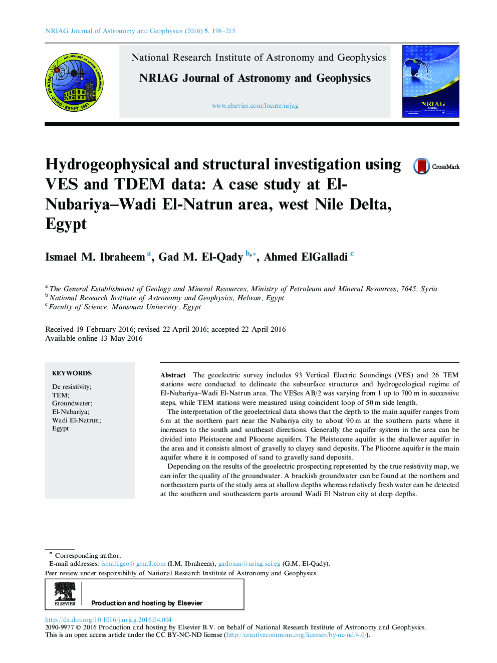 Hydrogeophysical and structural investigation using VES and TDEM data: A case study at El-Nubariya-Wadi El-Natrun area, west Nile Delta, Egypt