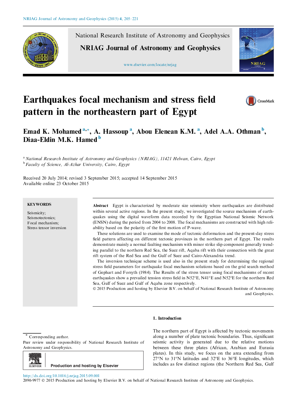 Earthquakes focal mechanism and stress field pattern in the northeastern part of Egypt