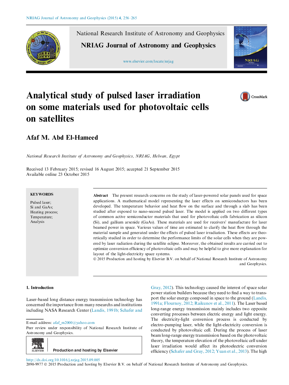 Analytical study of pulsed laser irradiation on some materials used for photovoltaic cells on satellites 