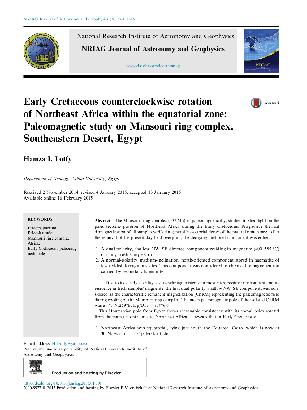کرتاسه زود هنگام چرخش شمال آفریقا در ناحیه استوایی آن: حرکت پالموژنتیک روی مجموعه حلقه منصوری، صحرای جنوب شرقی، مصر 