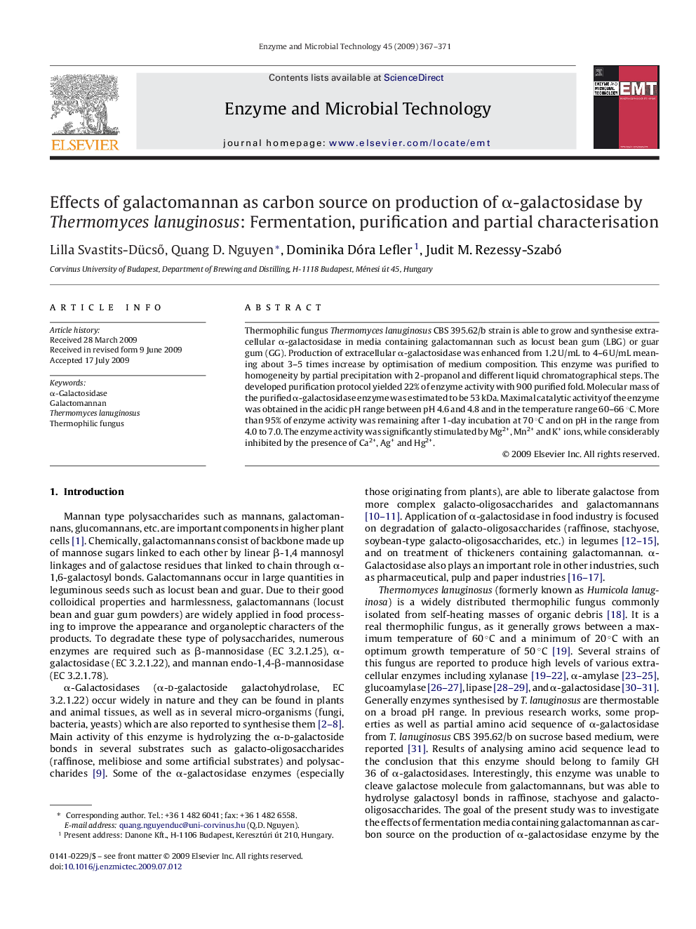 Effects of galactomannan as carbon source on production of α-galactosidase by Thermomyces lanuginosus: Fermentation, purification and partial characterisation