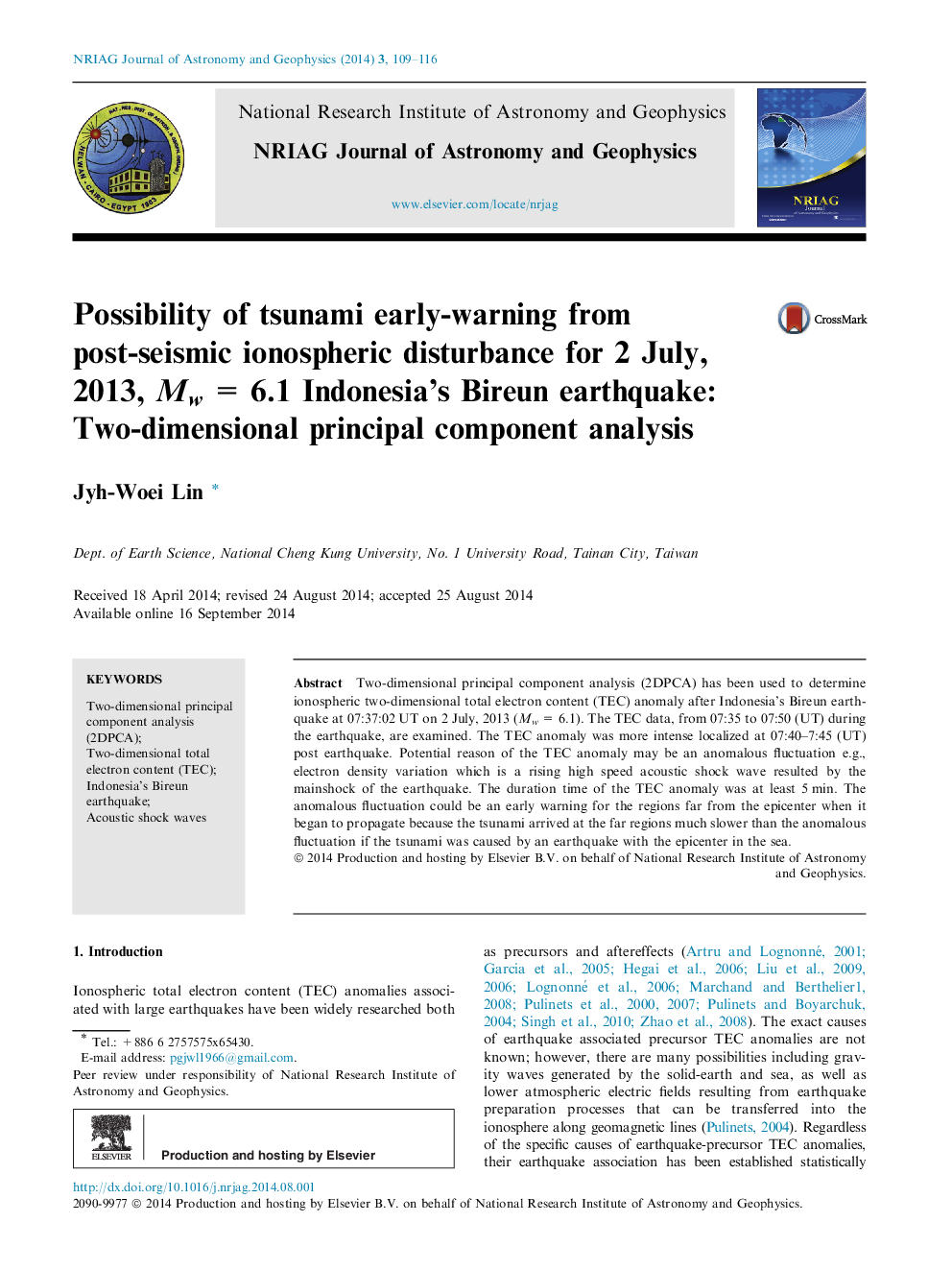 Possibility of tsunami early-warning from post-seismic ionospheric disturbance for 2 July, 2013, Mw = 6.1 Indonesia’s Bireun earthquake: Two-dimensional principal component analysis 