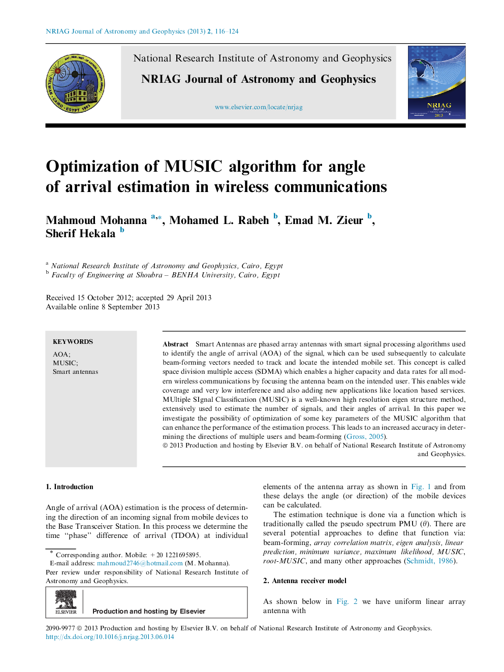 Optimization of MUSIC algorithm for angle of arrival estimation in wireless communications