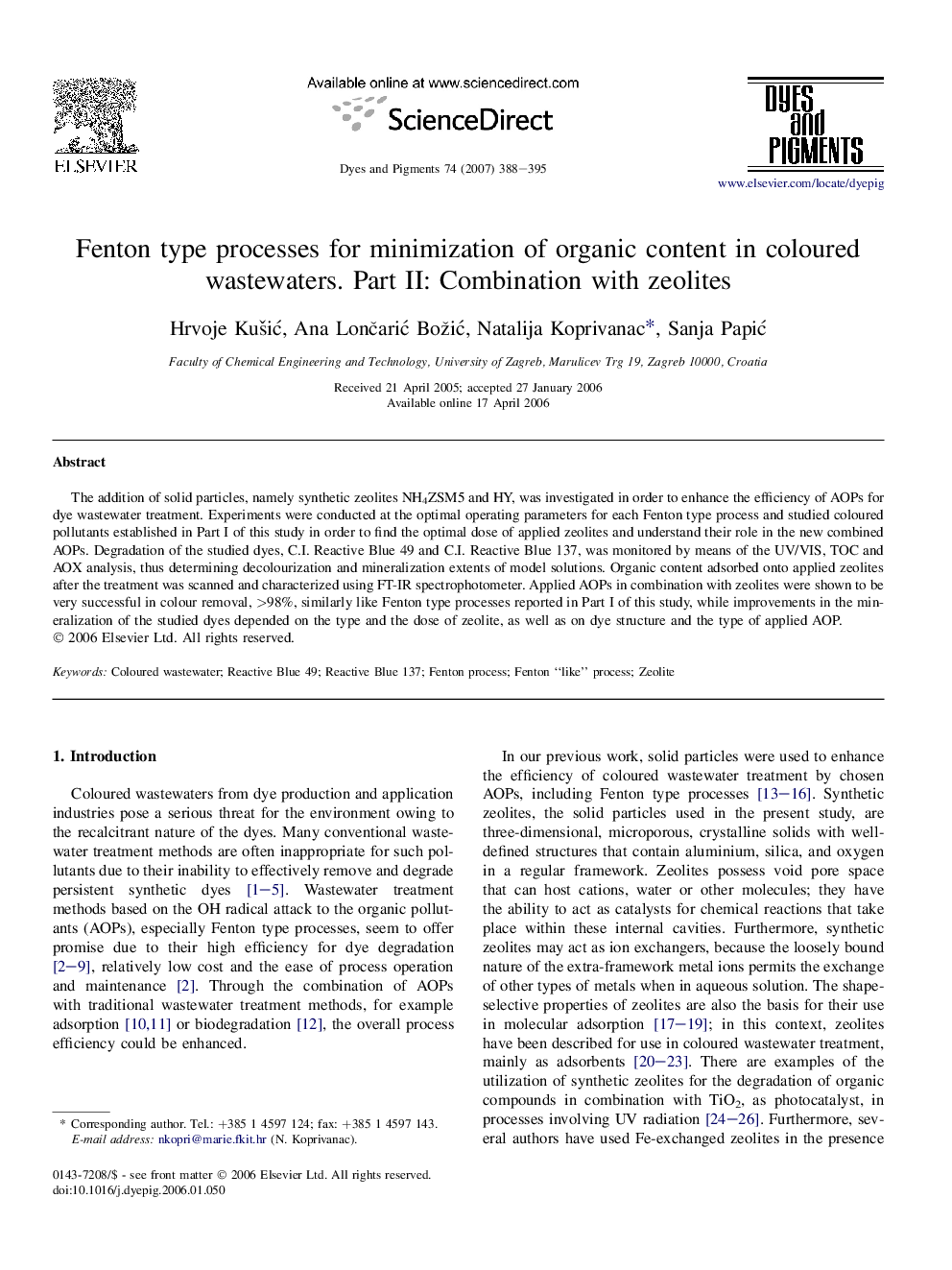 Fenton type processes for minimization of organic content in coloured wastewaters. Part II: Combination with zeolites