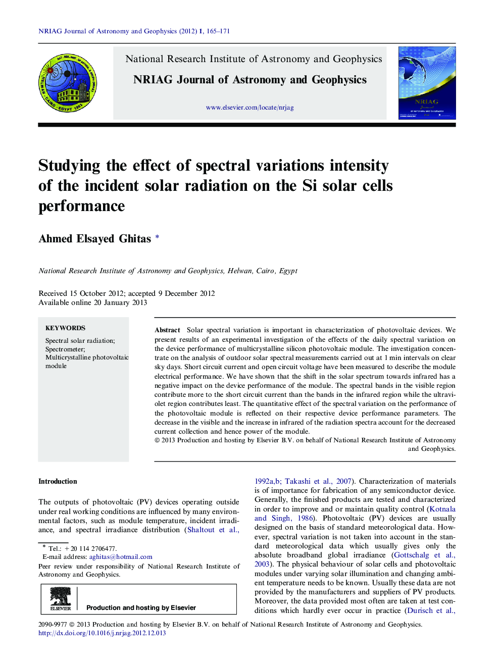 Studying the effect of spectral variations intensity of the incident solar radiation on the Si solar cells performance 