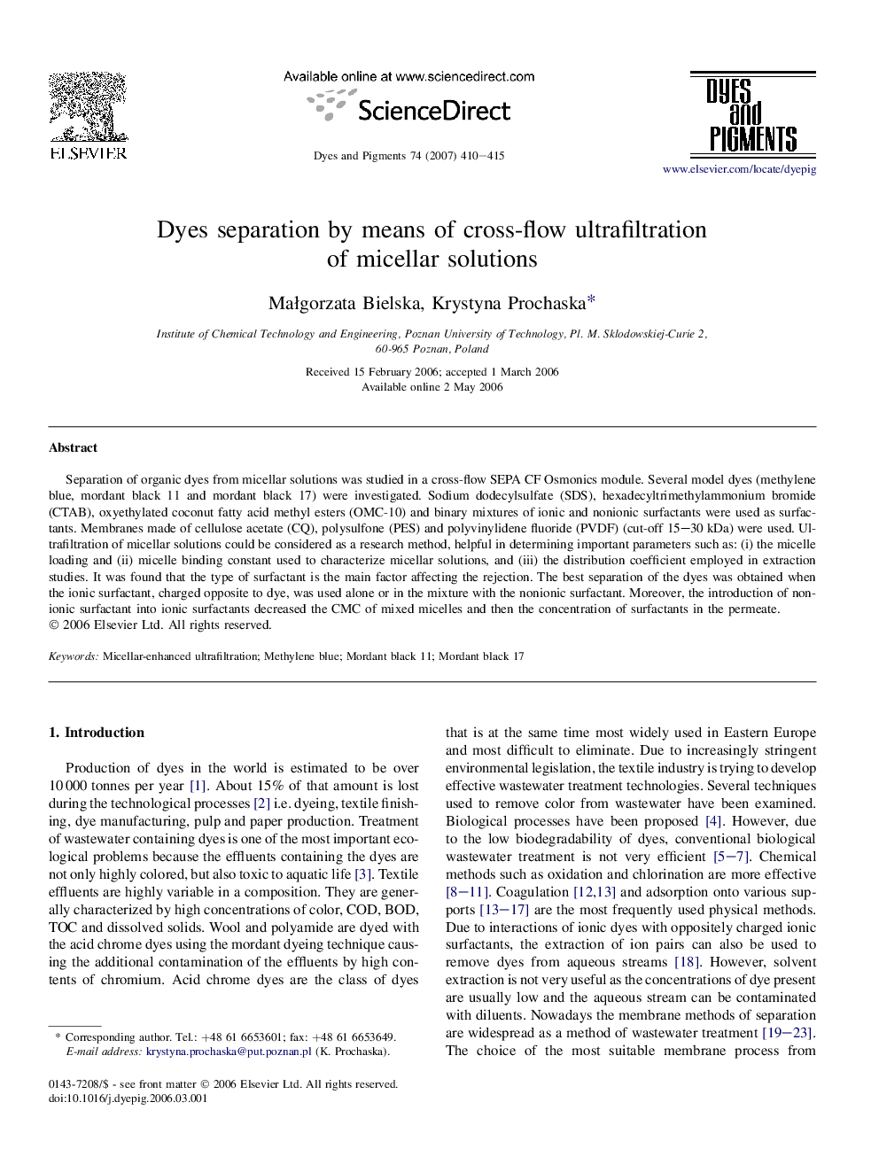 Dyes separation by means of cross-flow ultrafiltration of micellar solutions