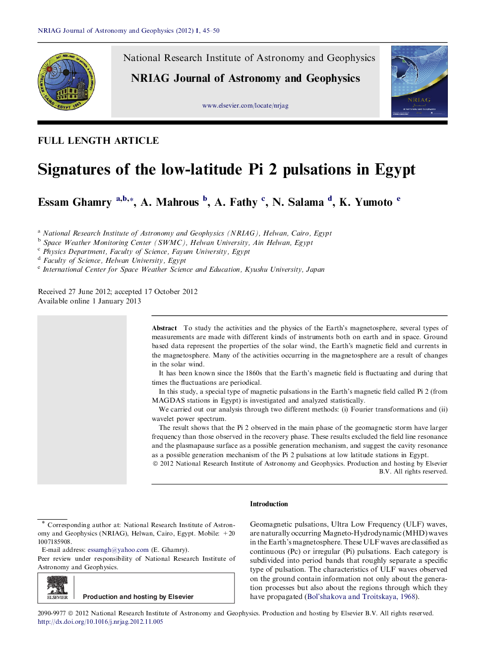 Signatures of the low-latitude Pi 2 pulsations in Egypt 