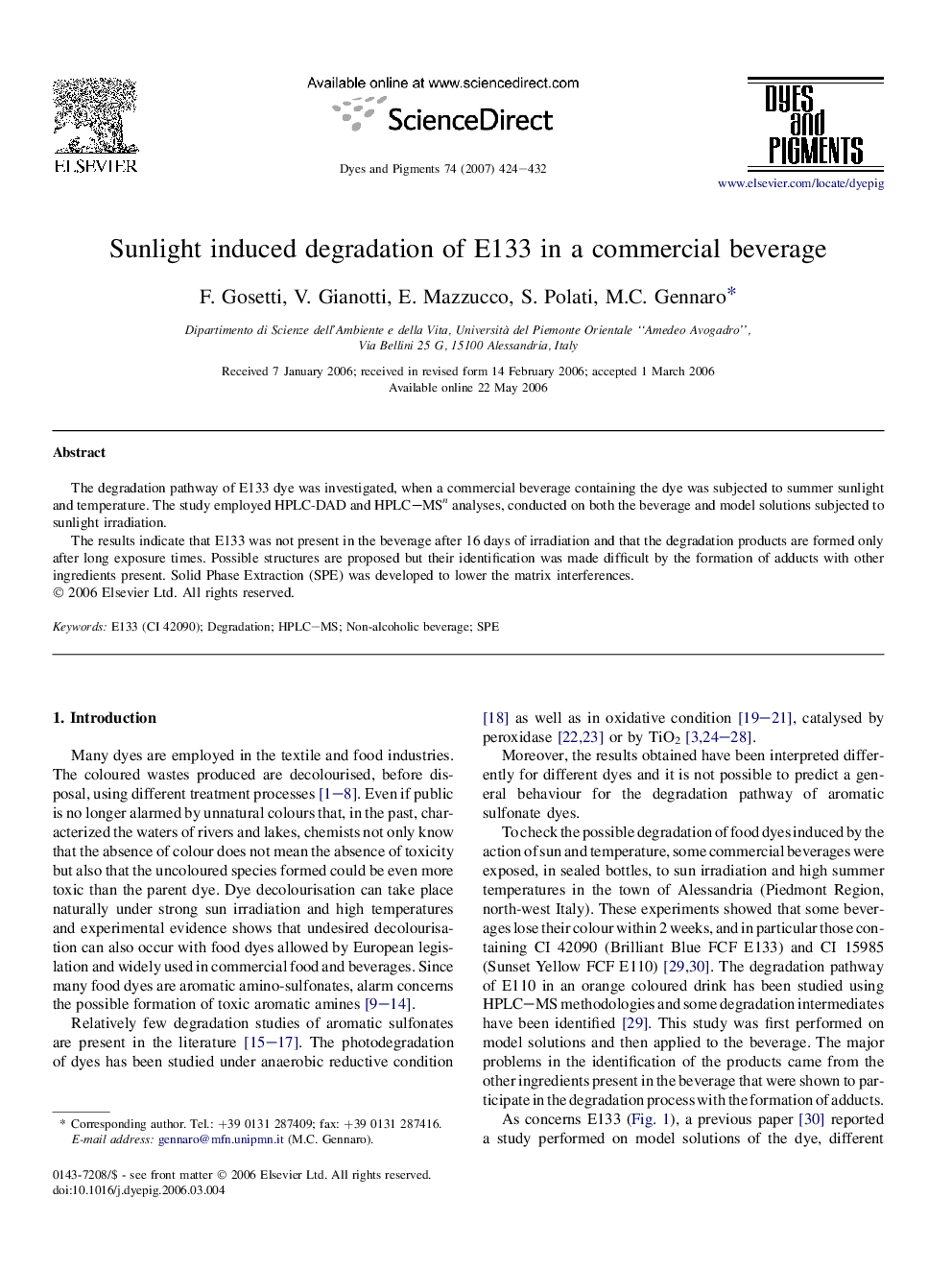 Sunlight induced degradation of E133 in a commercial beverage
