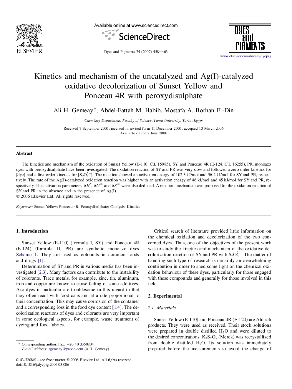 Kinetics and mechanism of the uncatalyzed and Ag(I)-catalyzed oxidative decolorization of Sunset Yellow and Ponceau 4R with peroxydisulphate