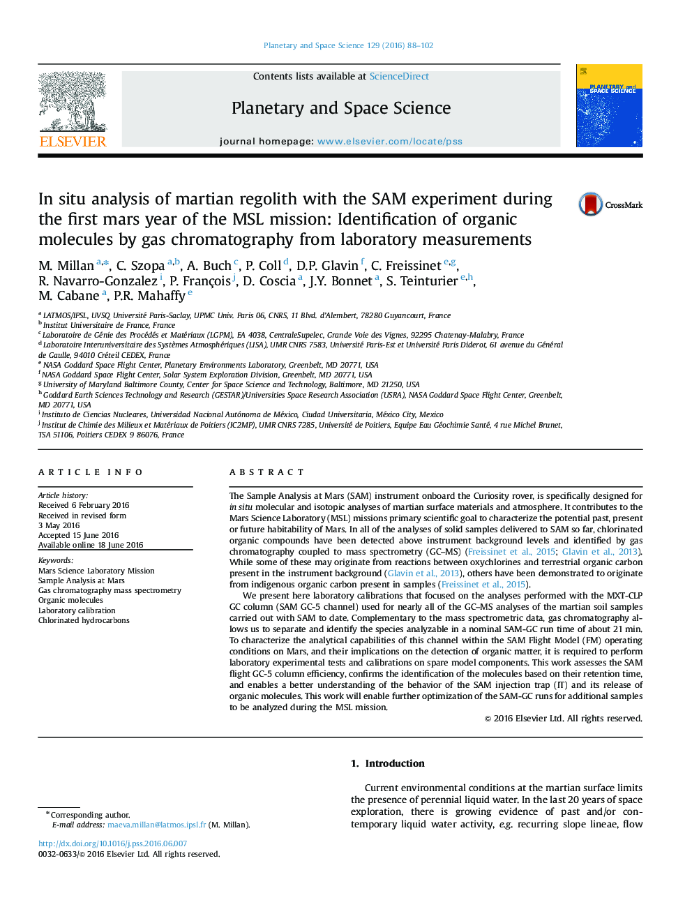 In situ analysis of martian regolith with the SAM experiment during the first mars year of the MSL mission: Identification of organic molecules by gas chromatography from laboratory measurements