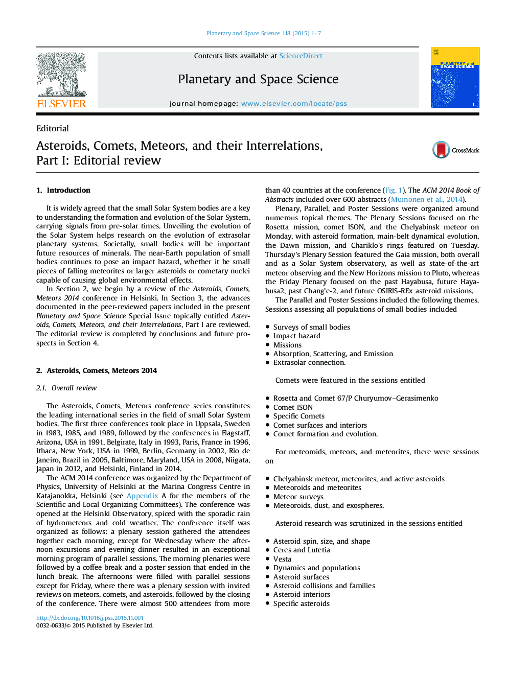 Asteroids, Comets, Meteors, and their Interrelations, Part I: Editorial review