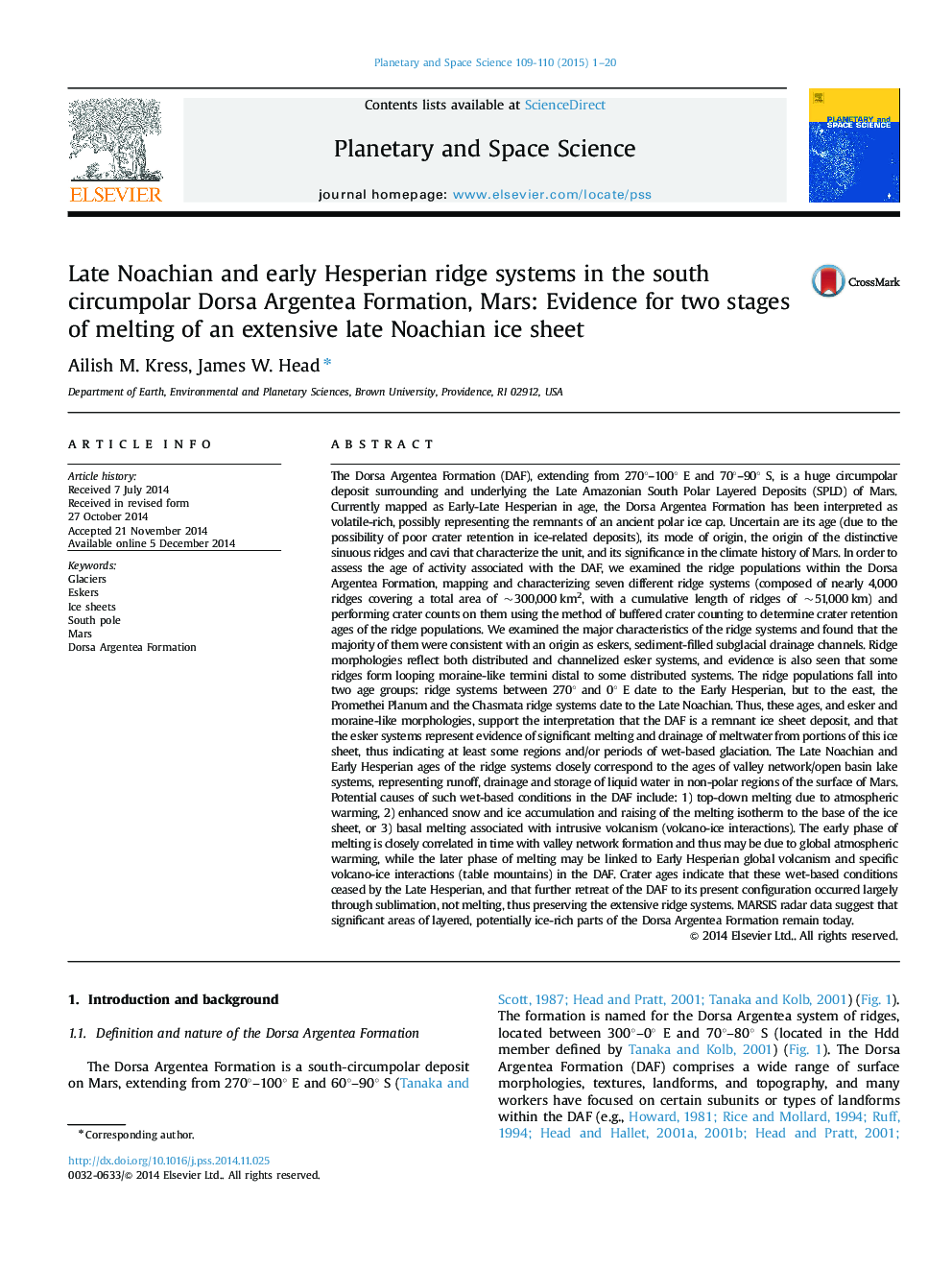 Late Noachian and early Hesperian ridge systems in the south circumpolar Dorsa Argentea Formation, Mars: Evidence for two stages of melting of an extensive late Noachian ice sheet