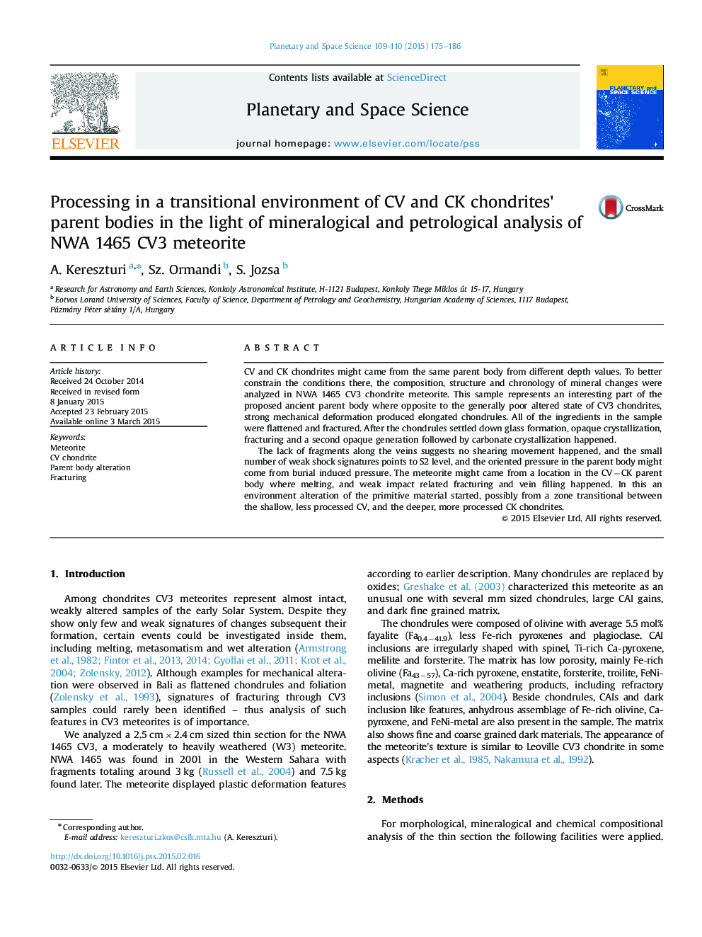 Processing in a transitional environment of CV and CK chondrites×³ parent bodies in the light of mineralogical and petrological analysis of NWA 1465 CV3 meteorite