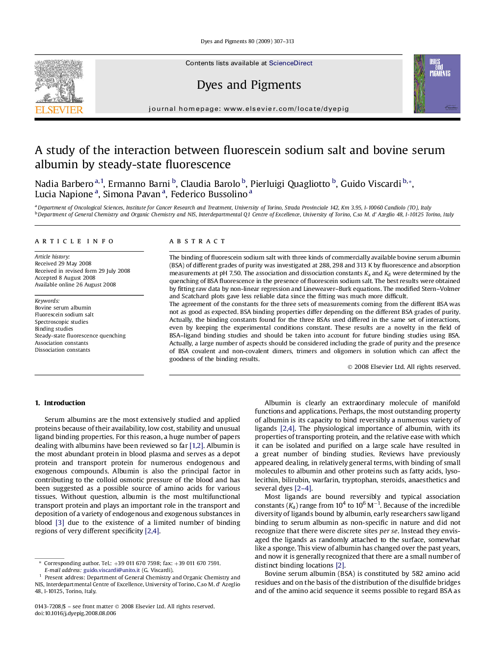 A study of the interaction between fluorescein sodium salt and bovine serum albumin by steady-state fluorescence