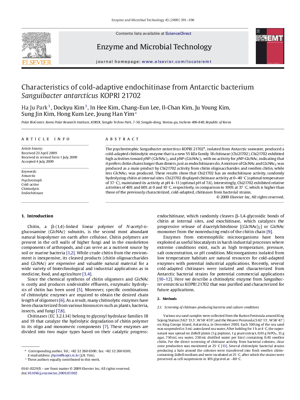 Characteristics of cold-adaptive endochitinase from Antarctic bacterium Sanguibacter antarcticus KOPRI 21702