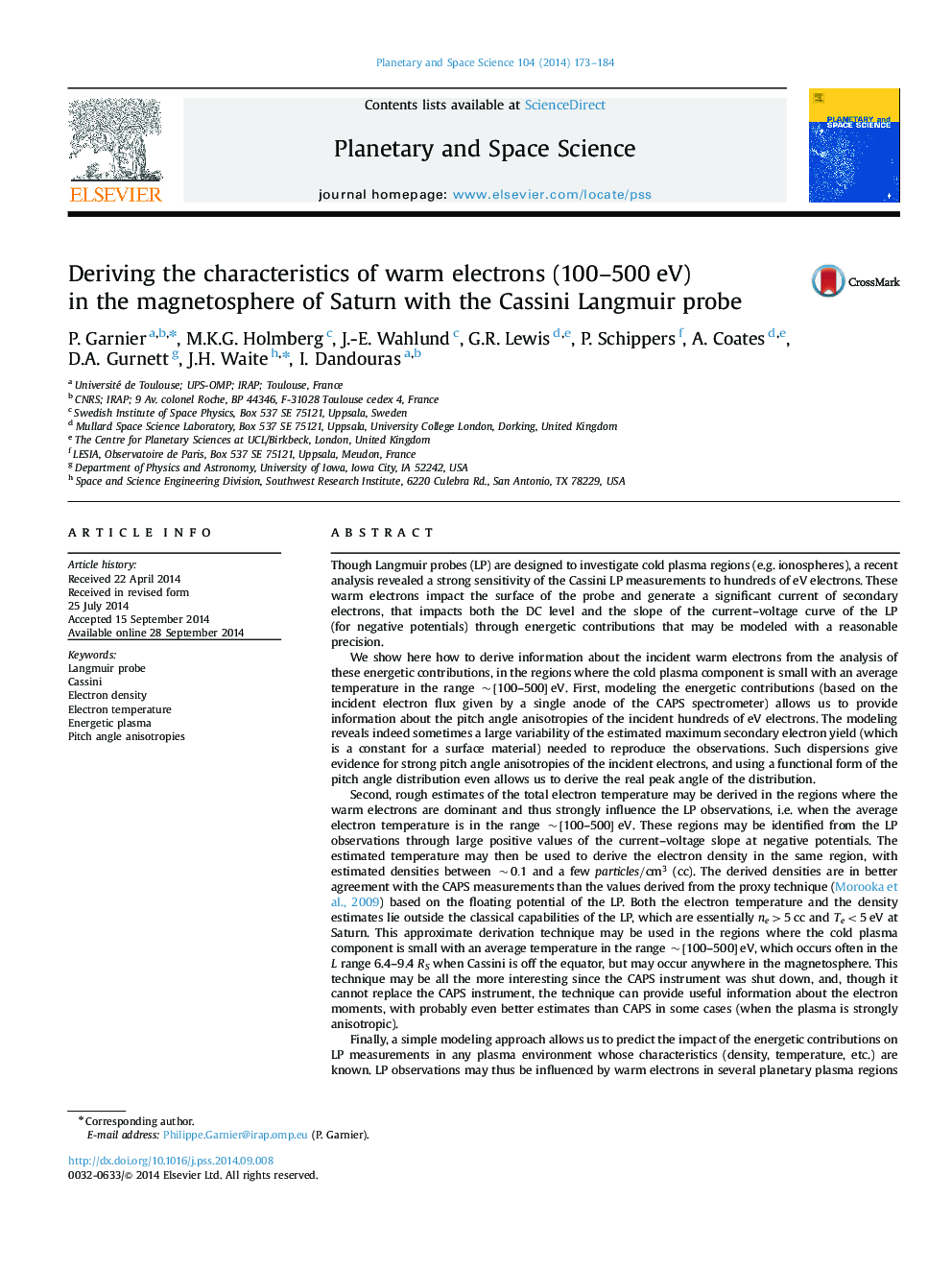 عکس صفحه اول مقاله: Deriving the characteristics of warm electrons (100-500Â eV) in the magnetosphere of Saturn with the Cassini Langmuir probe Deriving the characteristics of warm electrons (100-500Â eV) in the magnetosphere of Saturn with the Cassini Langmuir probe