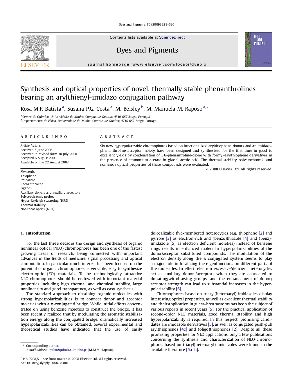 Synthesis and optical properties of novel, thermally stable phenanthrolines bearing an arylthienyl-imidazo conjugation pathway