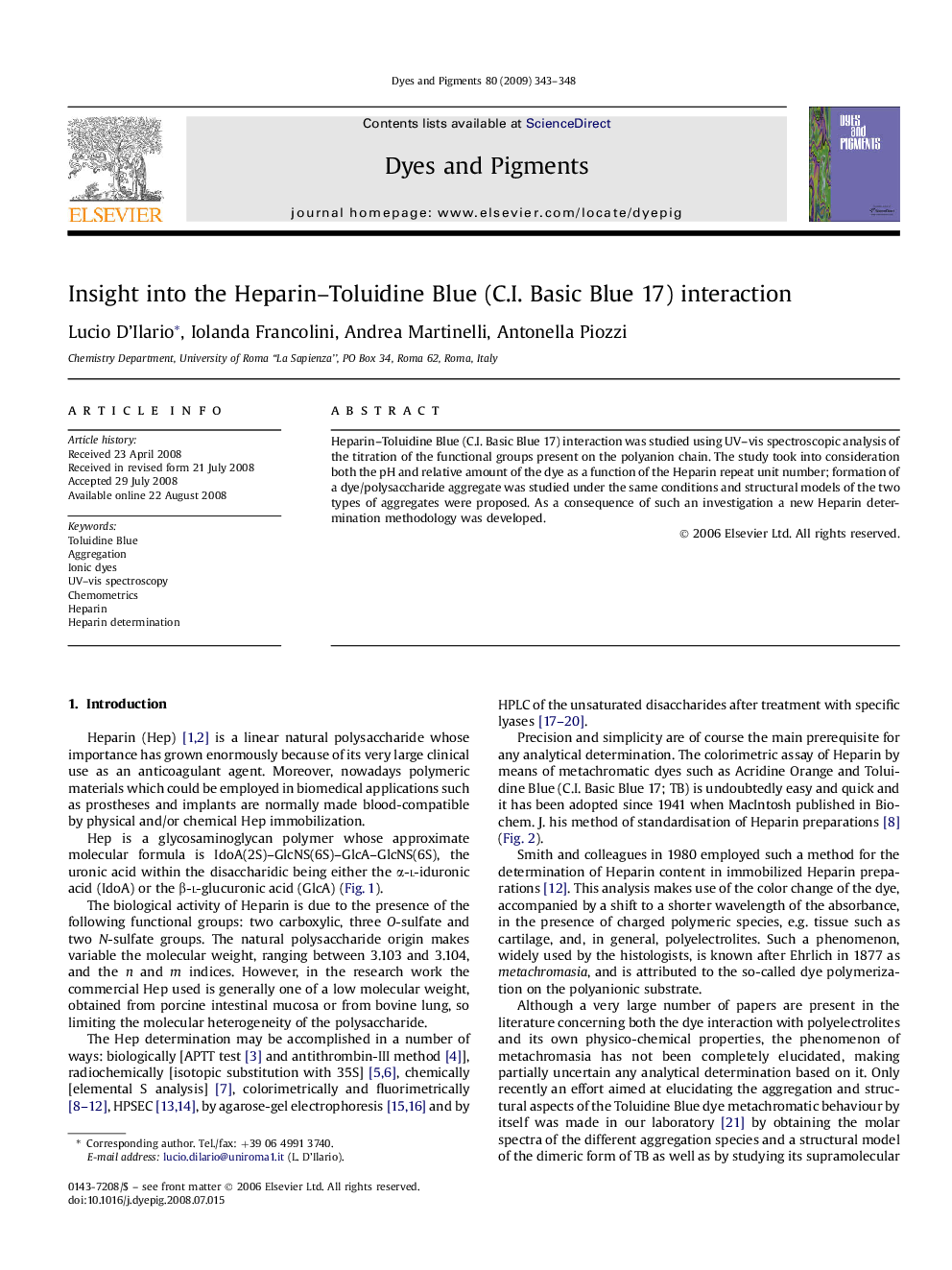 Insight into the Heparin–Toluidine Blue (C.I. Basic Blue 17) interaction