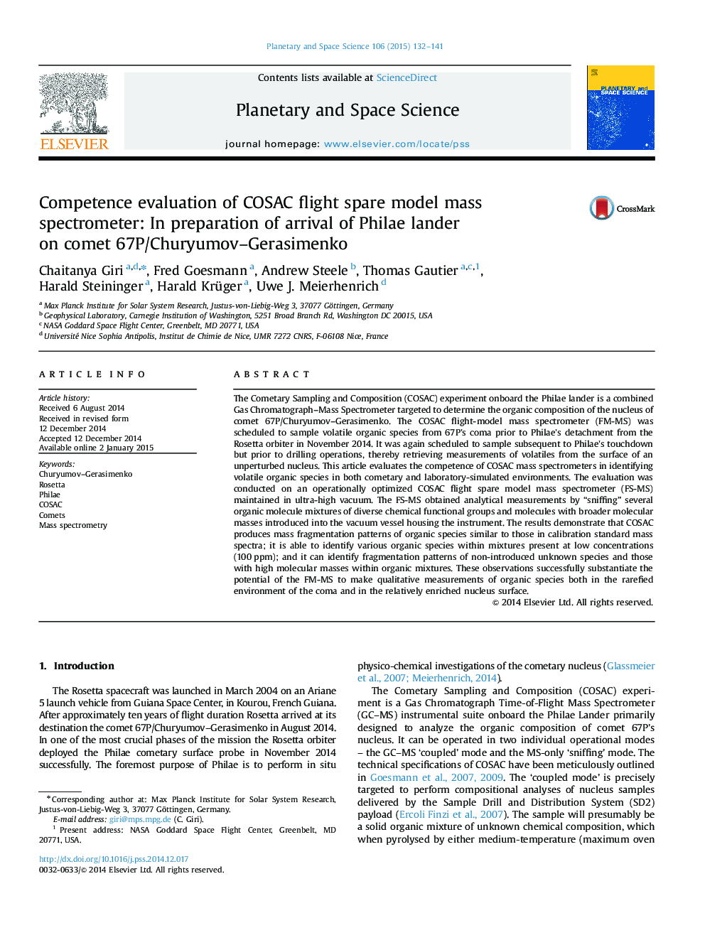 Competence evaluation of COSAC flight spare model mass spectrometer: In preparation of arrival of Philae lander on comet 67P/Churyumov–Gerasimenko