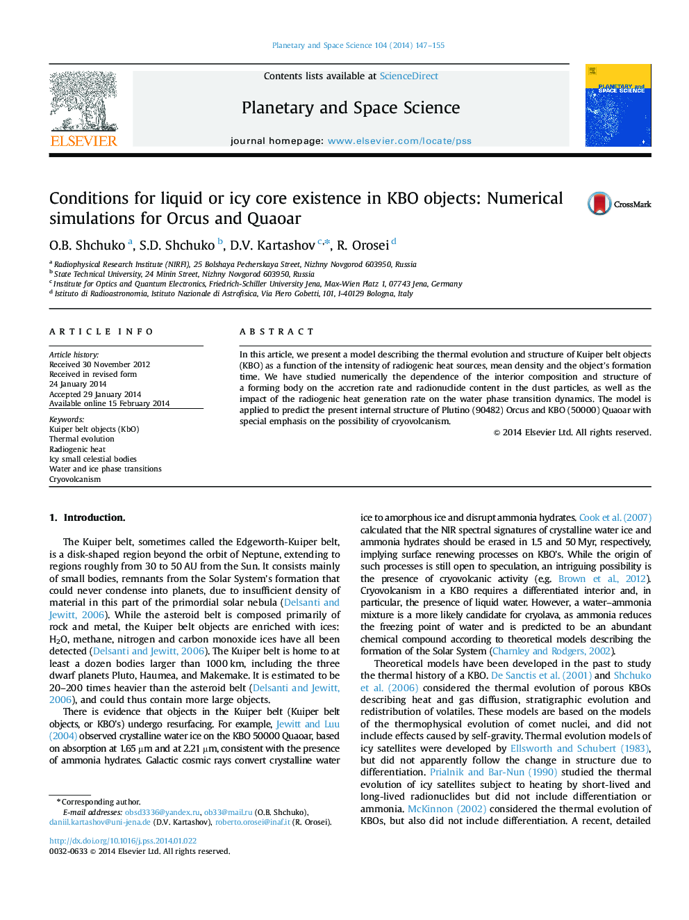 Conditions for liquid or icy core existence in KBO objects: Numerical simulations for Orcus and Quaoar