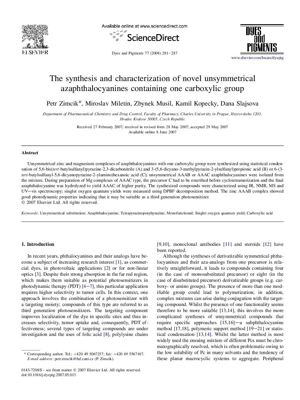 The synthesis and characterization of novel unsymmetrical azaphthalocyanines containing one carboxylic group