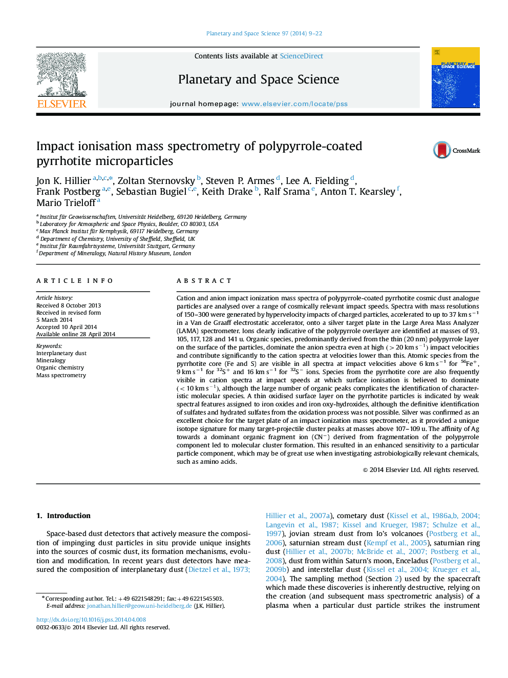 Impact ionisation mass spectrometry of polypyrrole-coated pyrrhotite microparticles