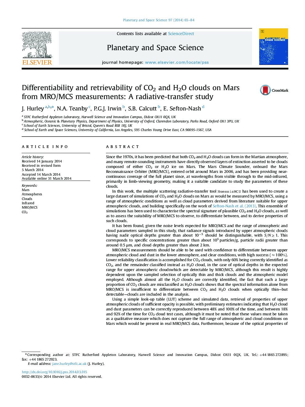 Differentiability and retrievability of CO2 and H2O clouds on Mars from MRO/MCS measurements: A radiative-transfer study