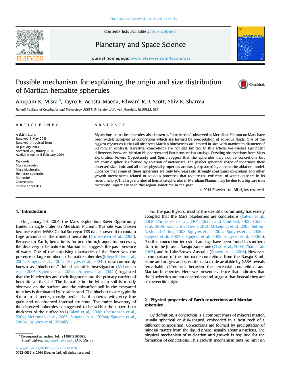 Possible mechanism for explaining the origin and size distribution of Martian hematite spherules