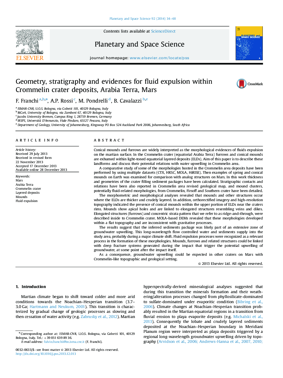 Geometry, stratigraphy and evidences for fluid expulsion within Crommelin crater deposits, Arabia Terra, Mars