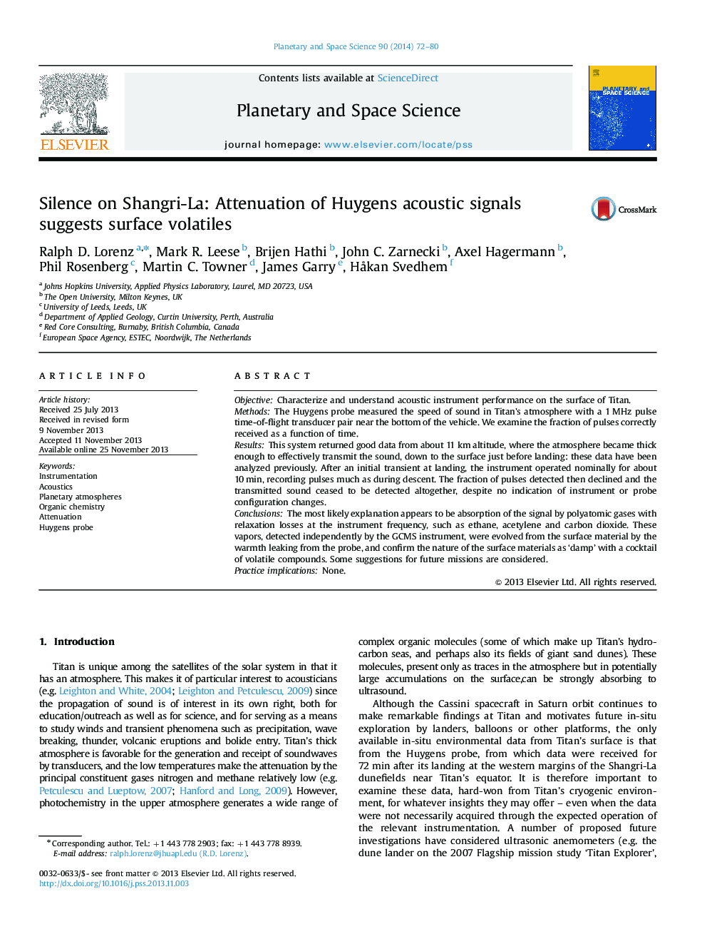 Silence on Shangri-La: Attenuation of Huygens acoustic signals suggests surface volatiles