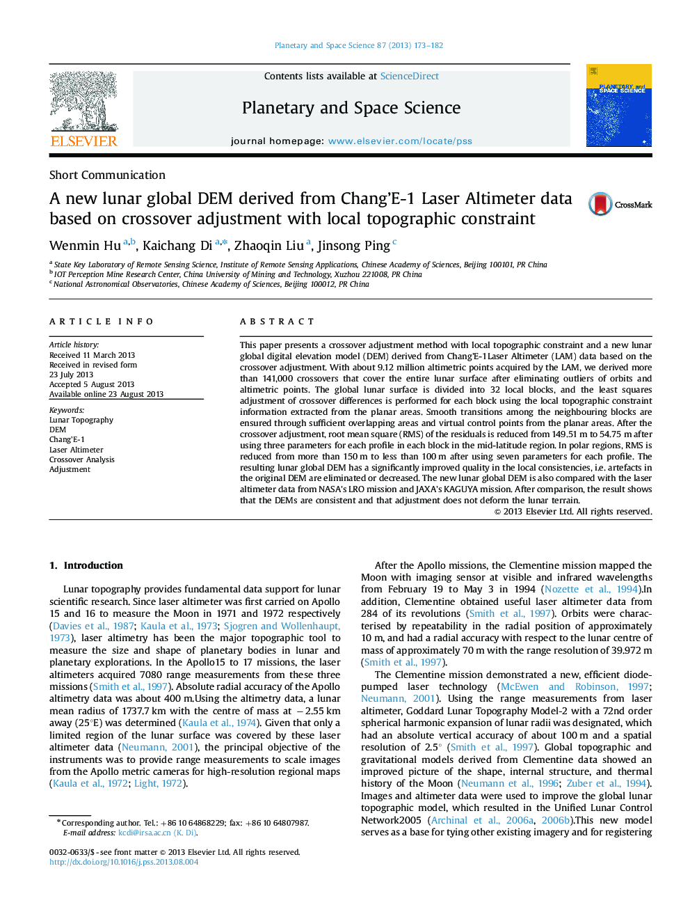 A new lunar global DEM derived from Chang’E-1 Laser Altimeter data based on crossover adjustment with local topographic constraint