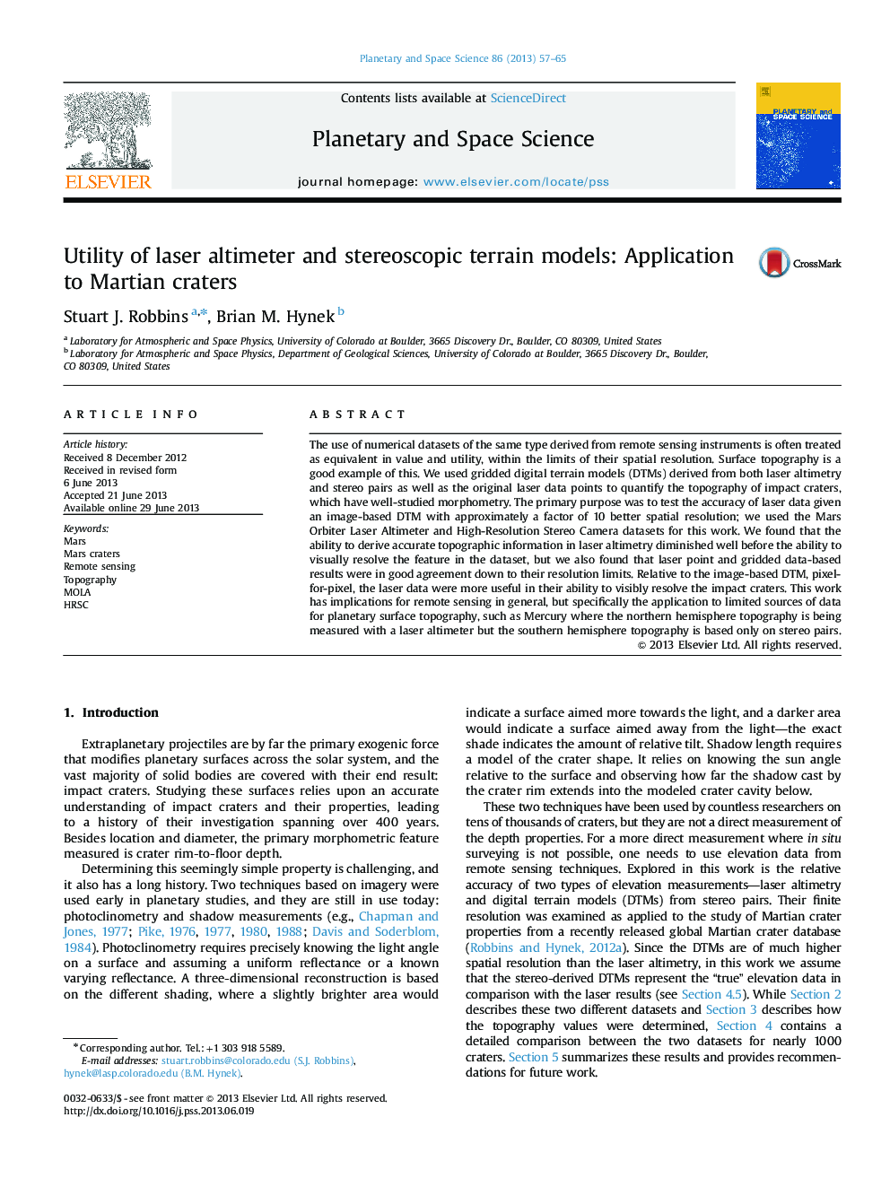 Utility of laser altimeter and stereoscopic terrain models: Application to Martian craters