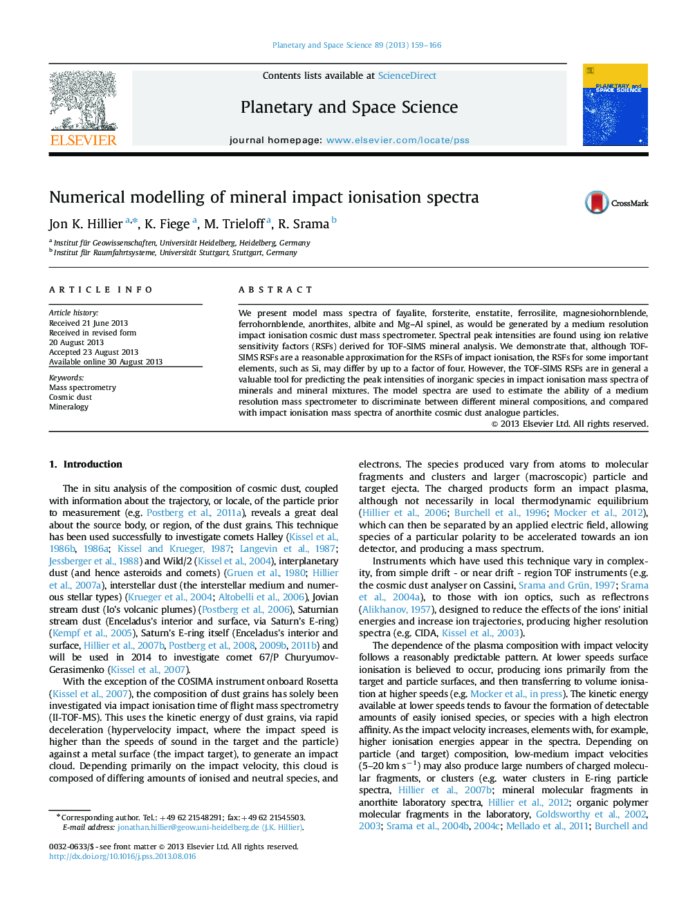 Numerical modelling of mineral impact ionisation spectra