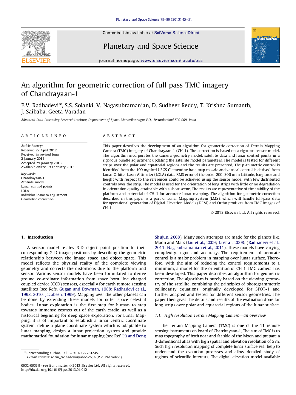 An algorithm for geometric correction of full pass TMC imagery of Chandrayaan-1