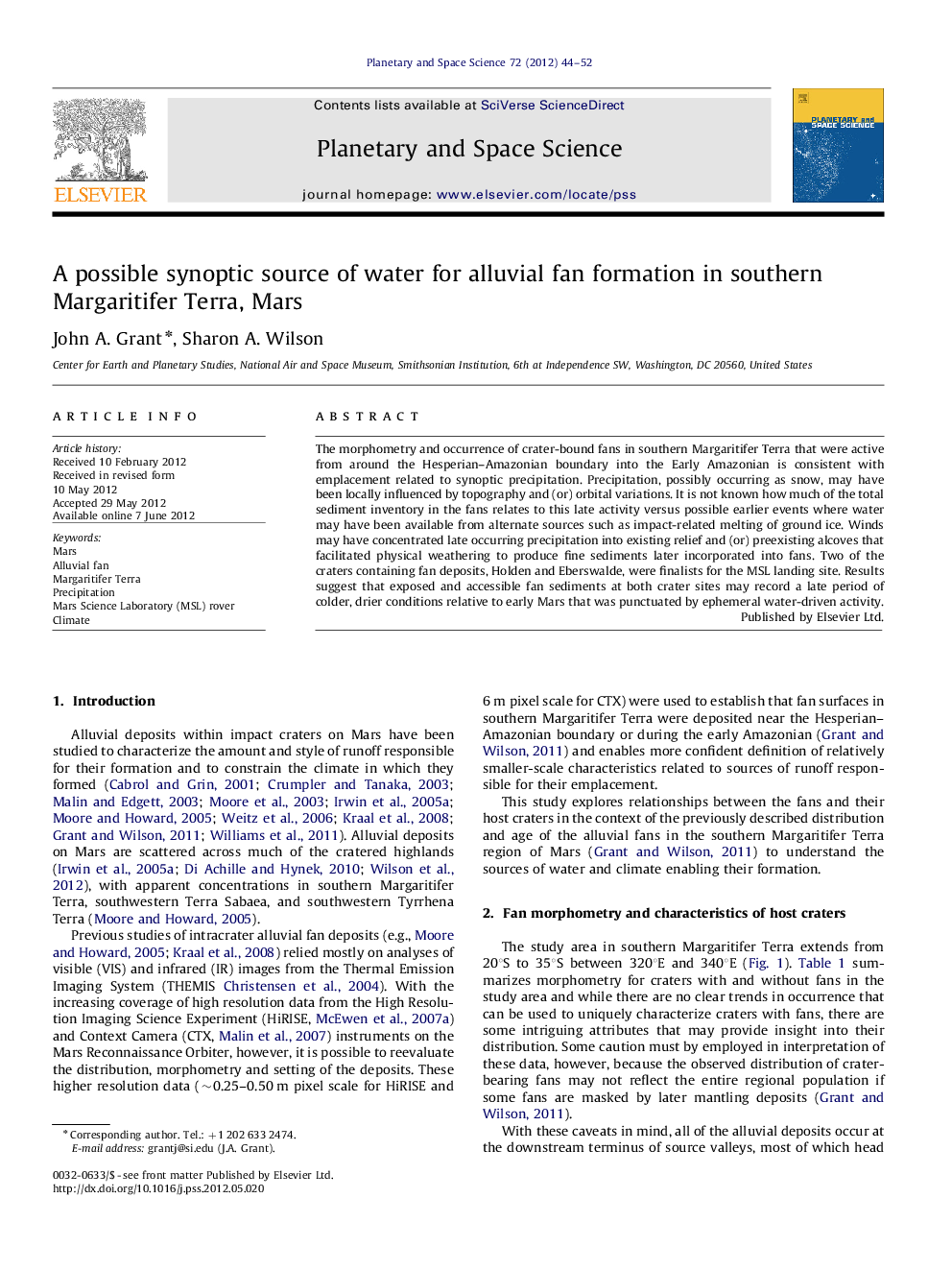 عکس صفحه اول مقاله: A possible synoptic source of water for alluvial fan formation in southern Margaritifer Terra, Mars A possible synoptic source of water for alluvial fan formation in southern Margaritifer Terra, Mars