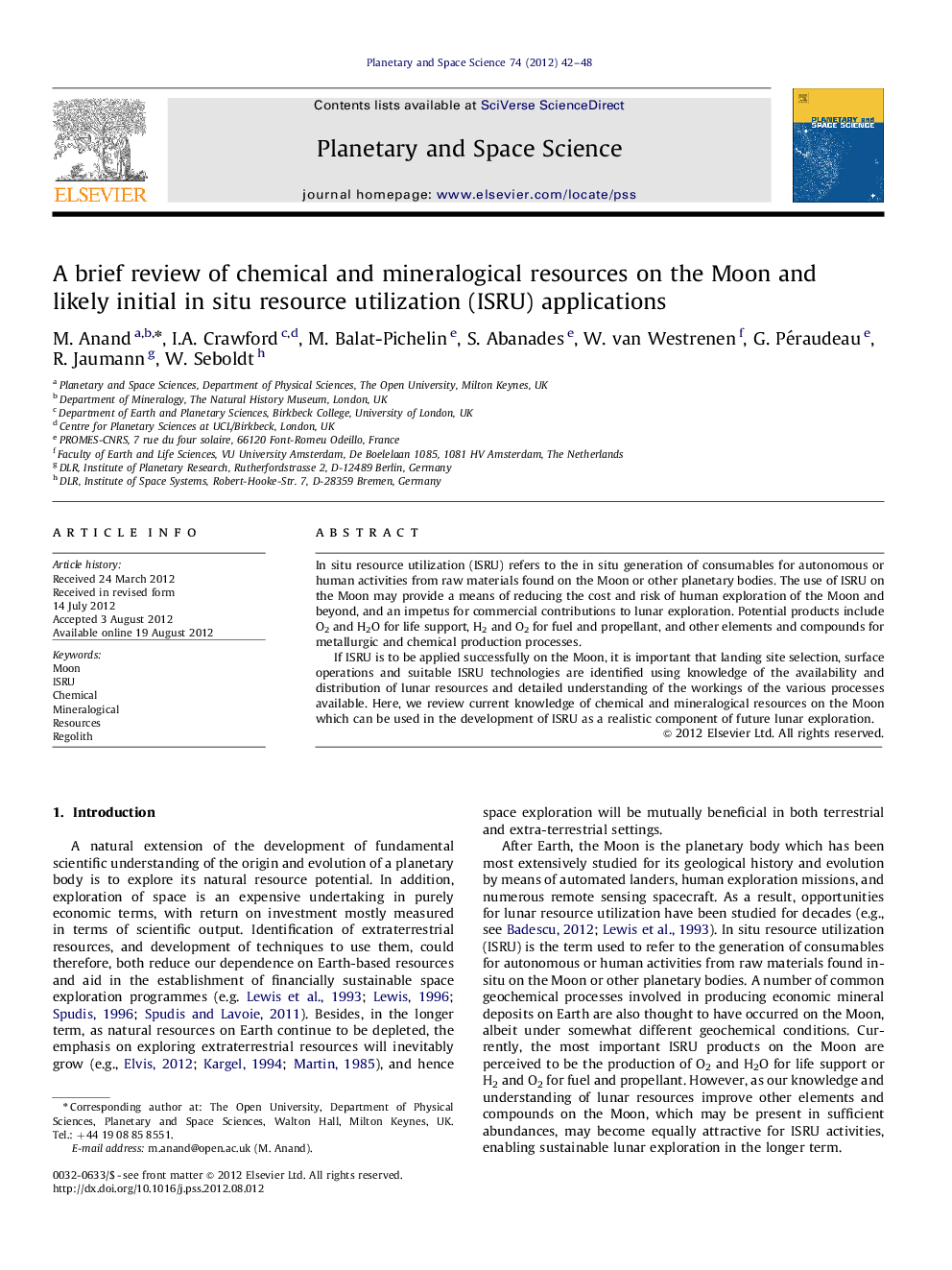 A brief review of chemical and mineralogical resources on the Moon and likely initial in situ resource utilization (ISRU) applications