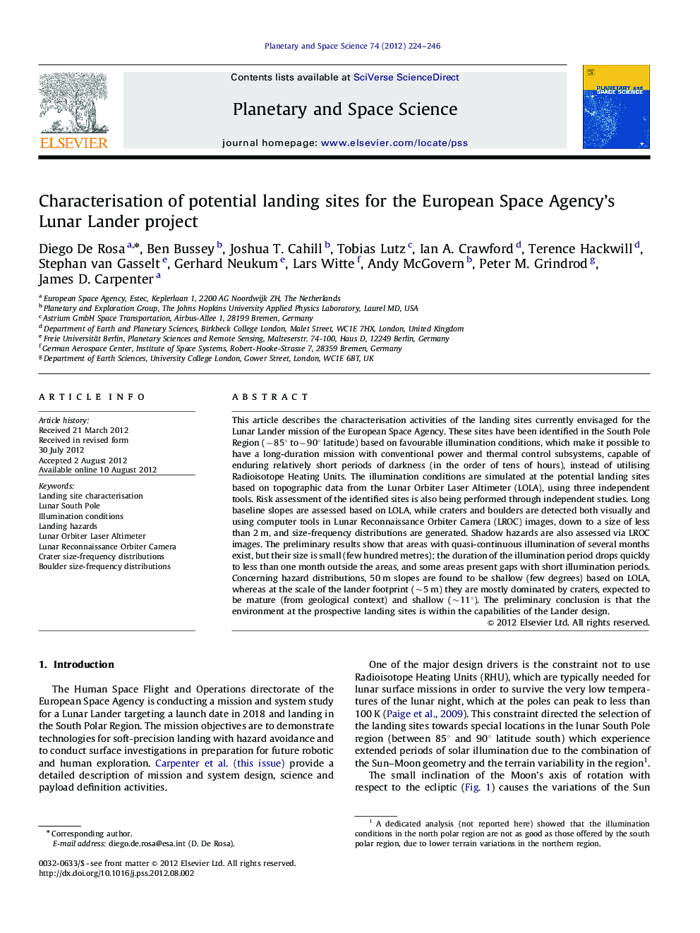 Characterisation of potential landing sites for the European Space Agency's Lunar Lander project