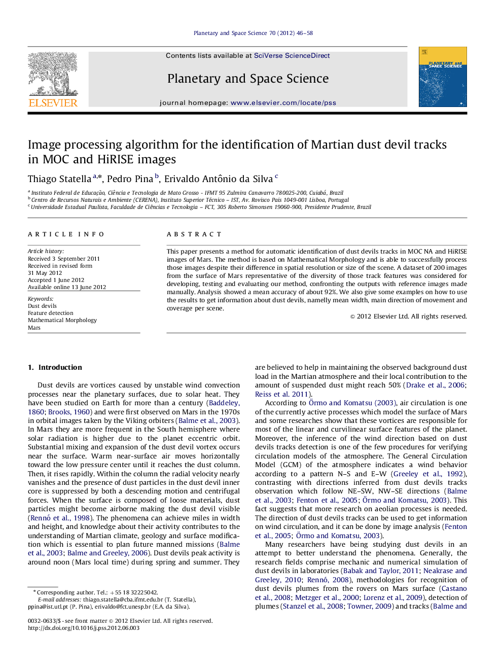 Image processing algorithm for the identification of Martian dust devil tracks in MOC and HiRISE images