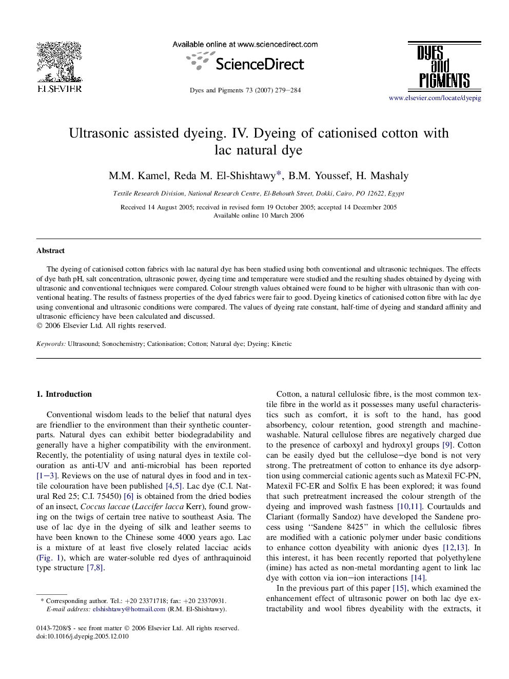 Ultrasonic assisted dyeing. IV. Dyeing of cationised cotton with lac natural dye