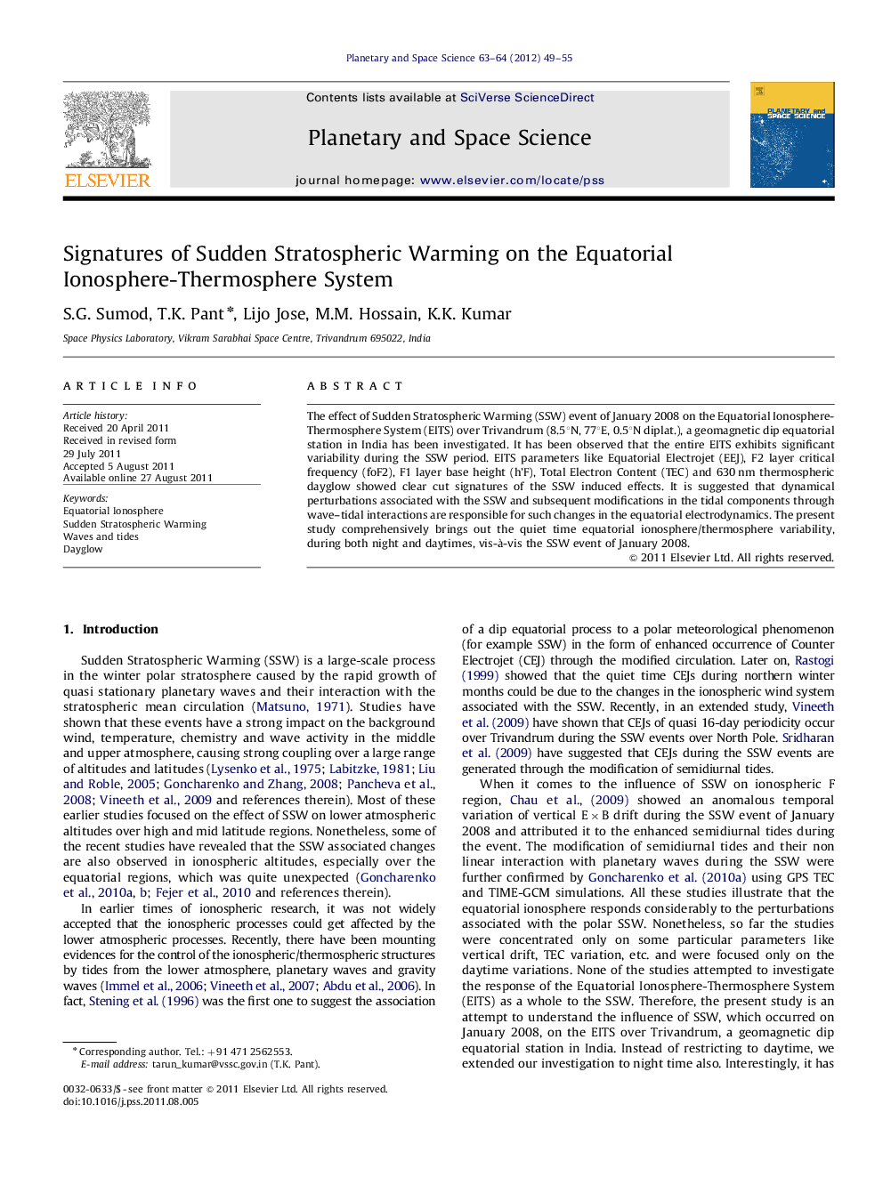 Signatures of Sudden Stratospheric Warming on the Equatorial Ionosphere-Thermosphere System