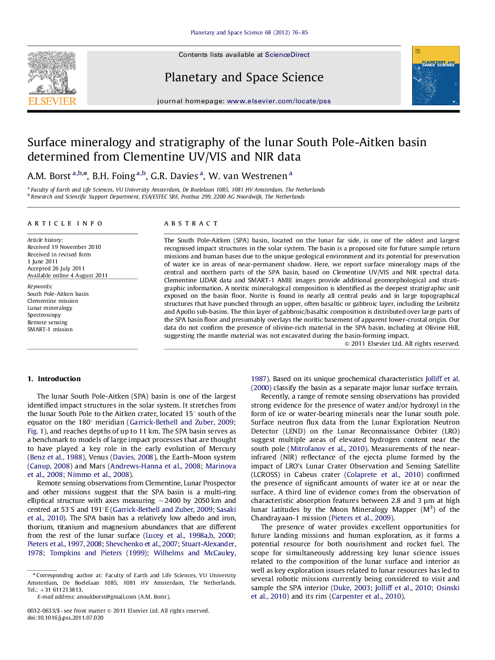 Surface mineralogy and stratigraphy of the lunar South Pole-Aitken basin determined from Clementine UV/VIS and NIR data