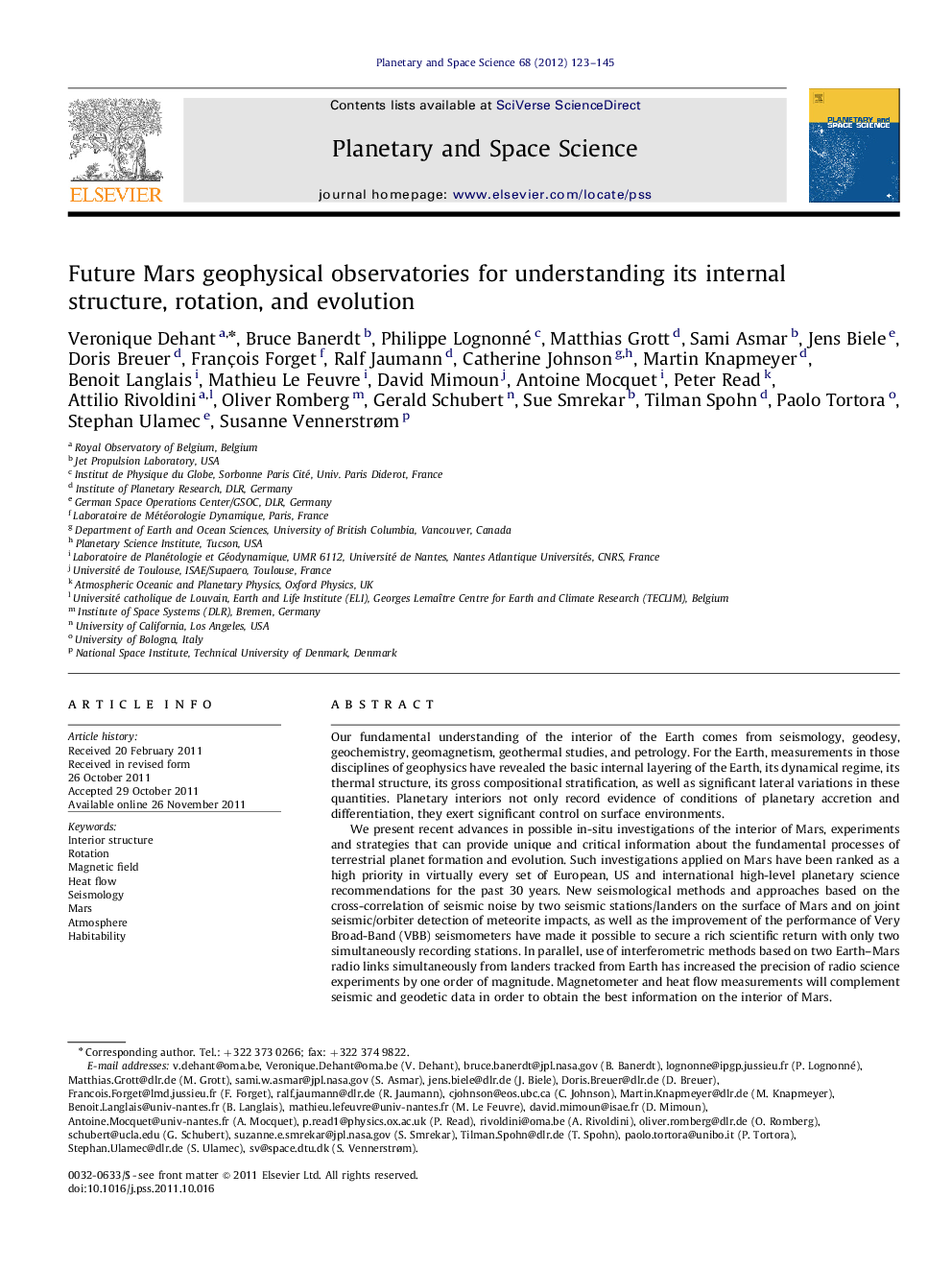 Future Mars geophysical observatories for understanding its internal structure, rotation, and evolution