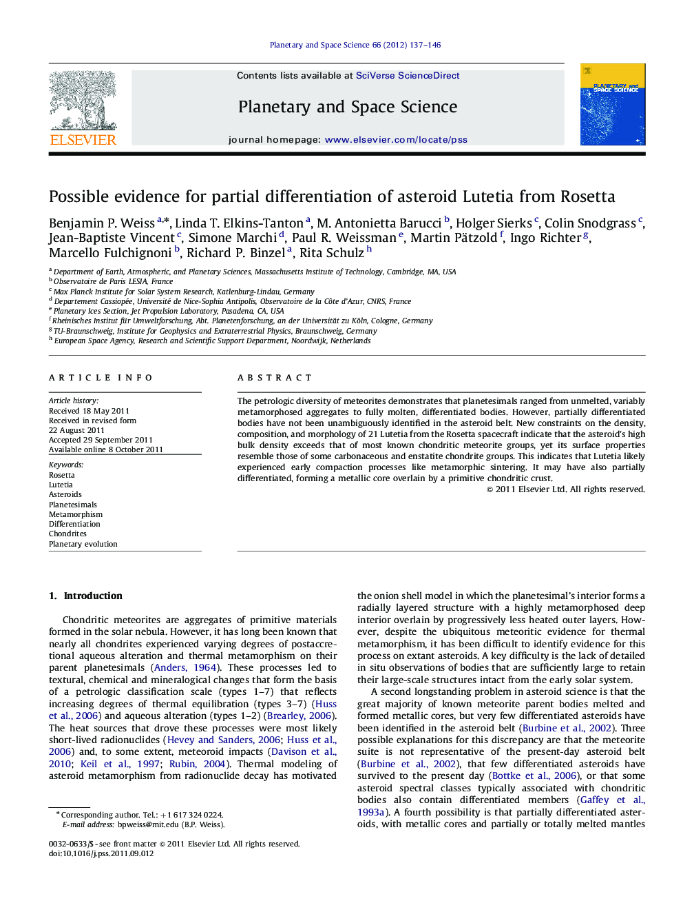 Possible evidence for partial differentiation of asteroid Lutetia from Rosetta