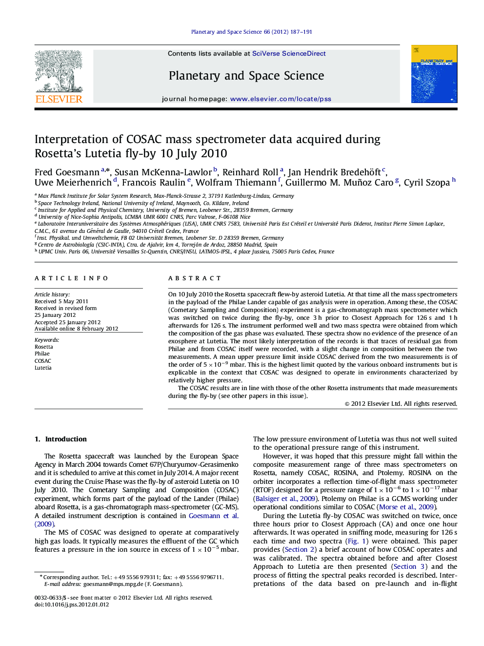 Interpretation of COSAC mass spectrometer data acquired during Rosetta's Lutetia fly-by 10 July 2010