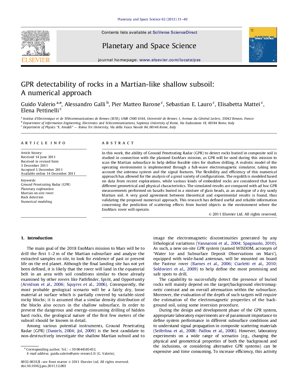 GPR detectability of rocks in a Martian-like shallow subsoil: A numerical approach