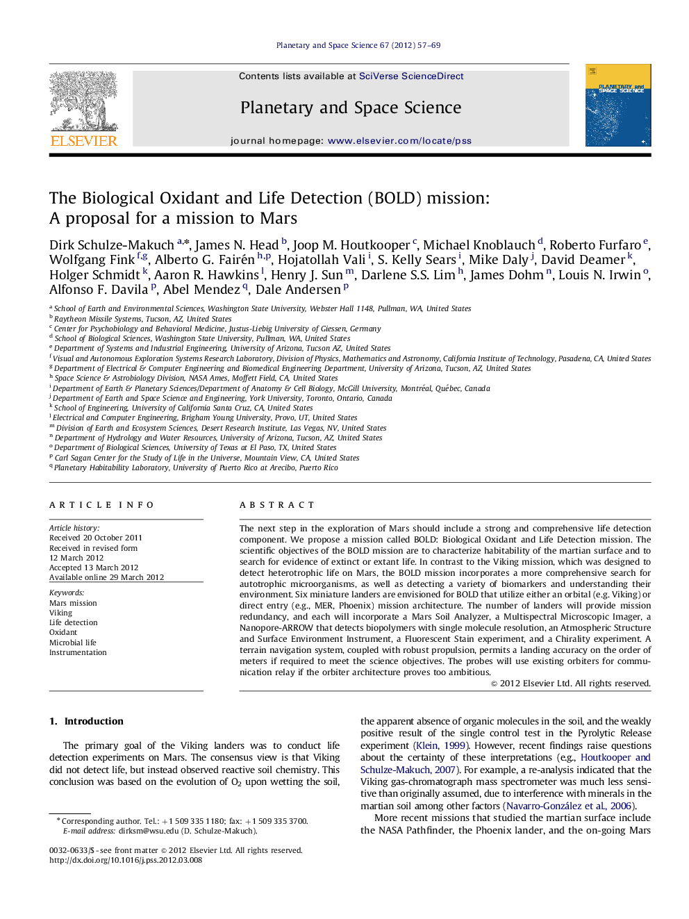 The Biological Oxidant and Life Detection (BOLD) mission: A proposal for a mission to Mars