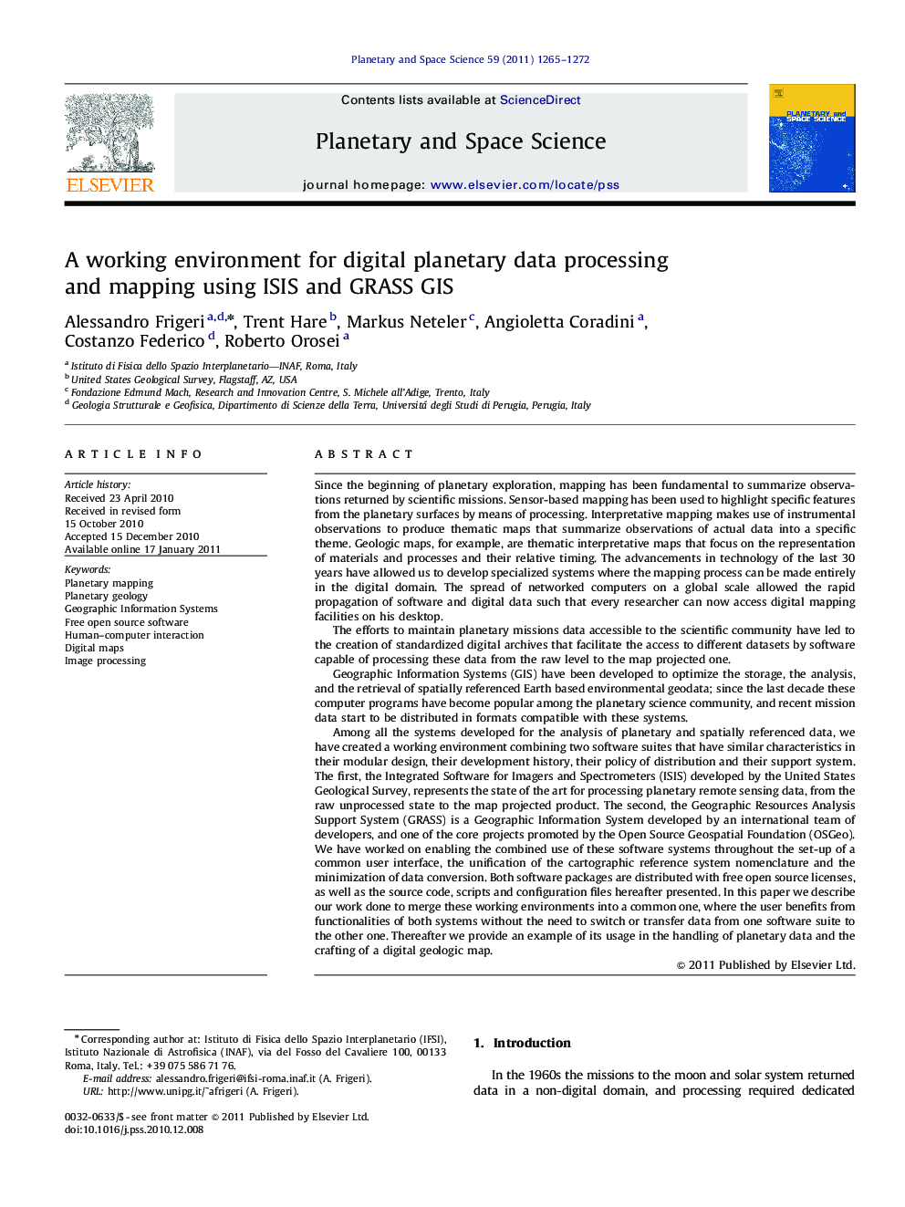 A working environment for digital planetary data processing and mapping using ISIS and GRASS GIS