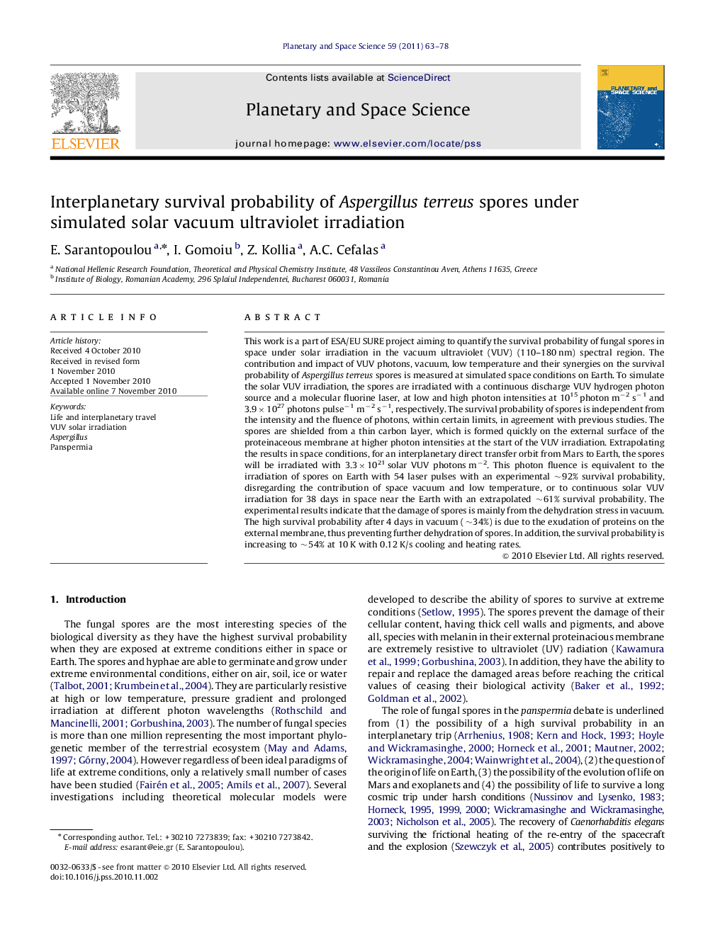 Interplanetary survival probability of Aspergillus terreus spores under simulated solar vacuum ultraviolet irradiation