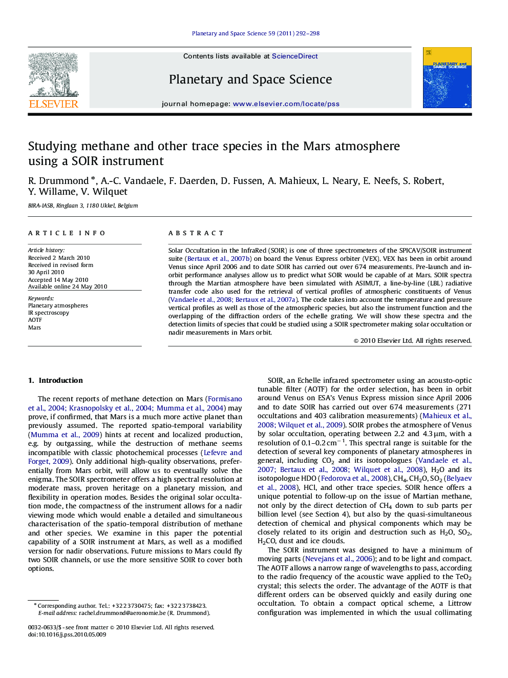 Studying methane and other trace species in the Mars atmosphere using a SOIR instrument